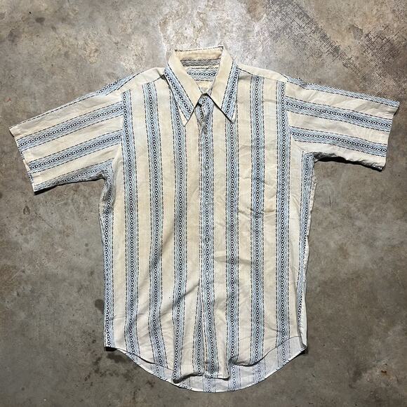 Vintage 60s Unbranded Blue Pattern Striped Button Up Shirt - Picture 1 of 3